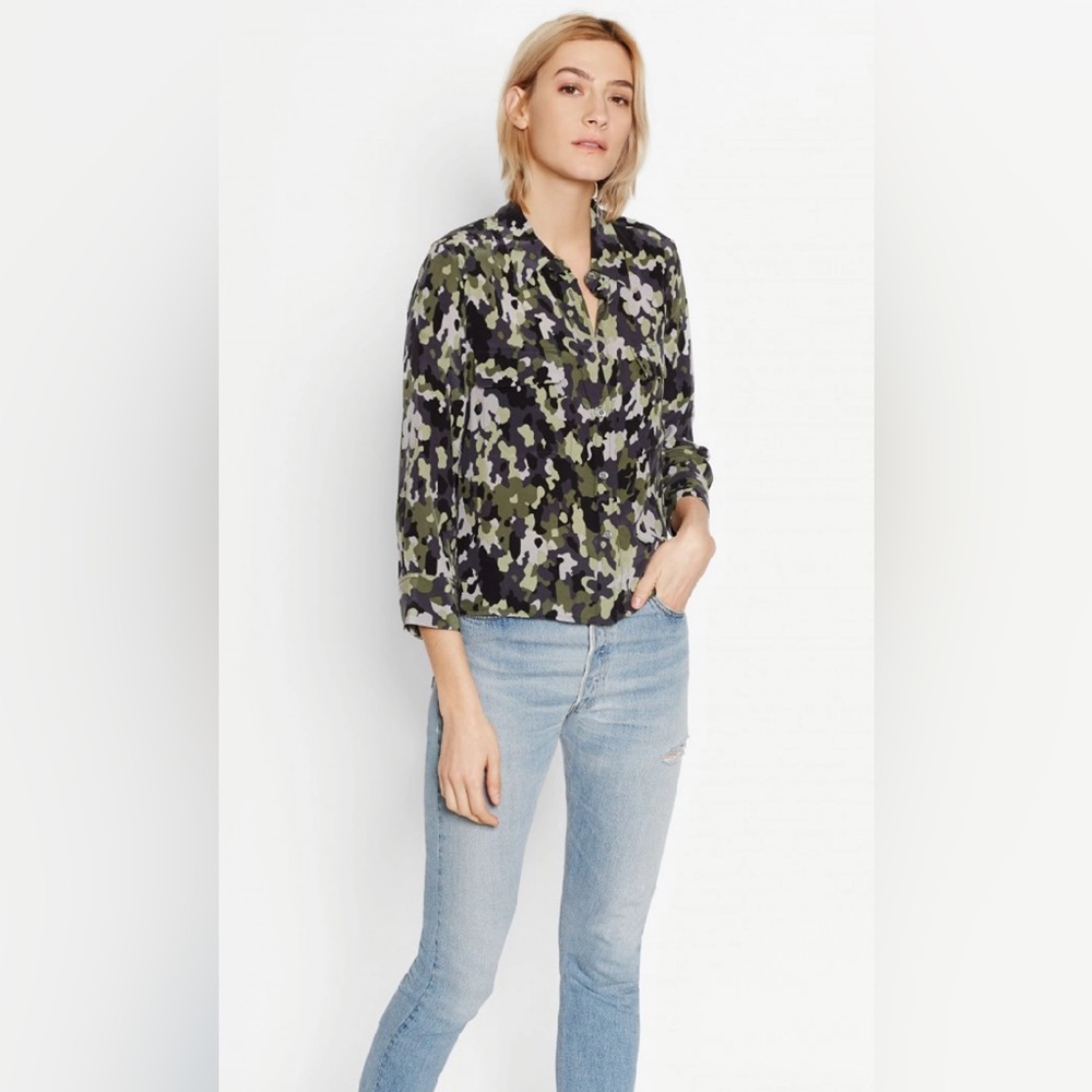 EQUIPMENT Cropped 3/4 Sleeve Silk Four Leaf Clover Multi Jungle Camo Top